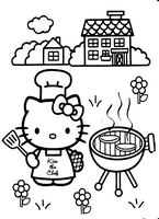 dla dziewczyn kolorowanki hello kitty grilluje, czapeczka kucharska na głowie