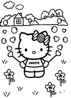 dla dzieci do pomalowania kolorowanki hello kitty domek w tle i serduszka w łapkach