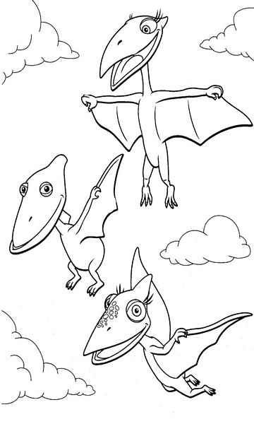kolorowanka Dinopociąg malowanka rodzinka Pterodonów do wydruku z dinozaurami dla dzieci z bajki, obrazek nr 2