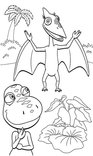 kolorowanka Dinopociąg malowanka do wydruku z dinozaurami małym Tyranozaurem i Pteranodonem dla dzieci z bajki, obrazek nr 9