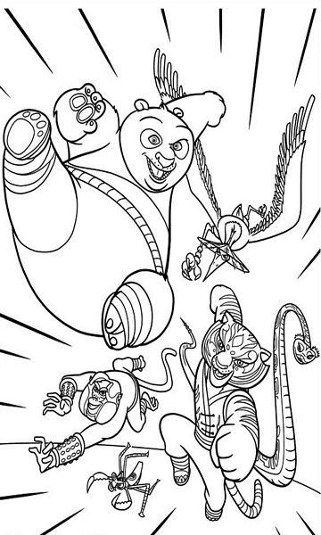 kolorowanka Po i Żmija, Tygrysica, Modliszka, Małpa, Żuraw postacie z bajki Kung Fu Panda, obrazek nr 14