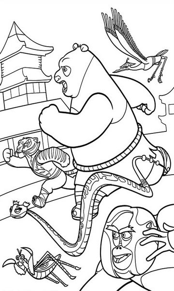kolorowanka Kung Fu Panda malowanka do wydruku Tygrysica, Małpa, Żuraw, Modliszka, Żmija i Po, obrazek nr 17