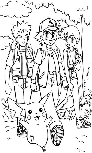 kolorowanka Pokemon malowanka do wydruku  Ash Ketchum, Misty, Brock i Pikachu nr 3