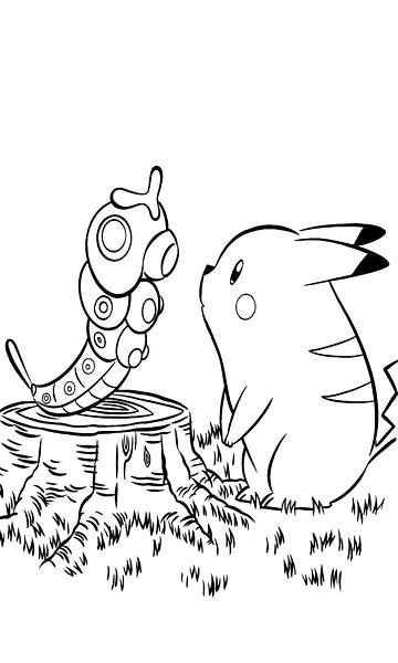 kolorowanka Pokemon malowanka do wydruku nr 62 Pikachu i gąsiennica Caterpie