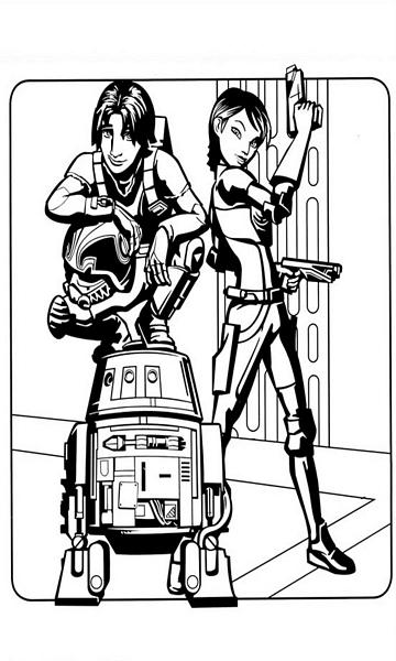 kolorowanka Star Wars Rebelianci malowanka do wydruku nr 25, postacie Ezra Bridger, Chopper i Sabine Wren